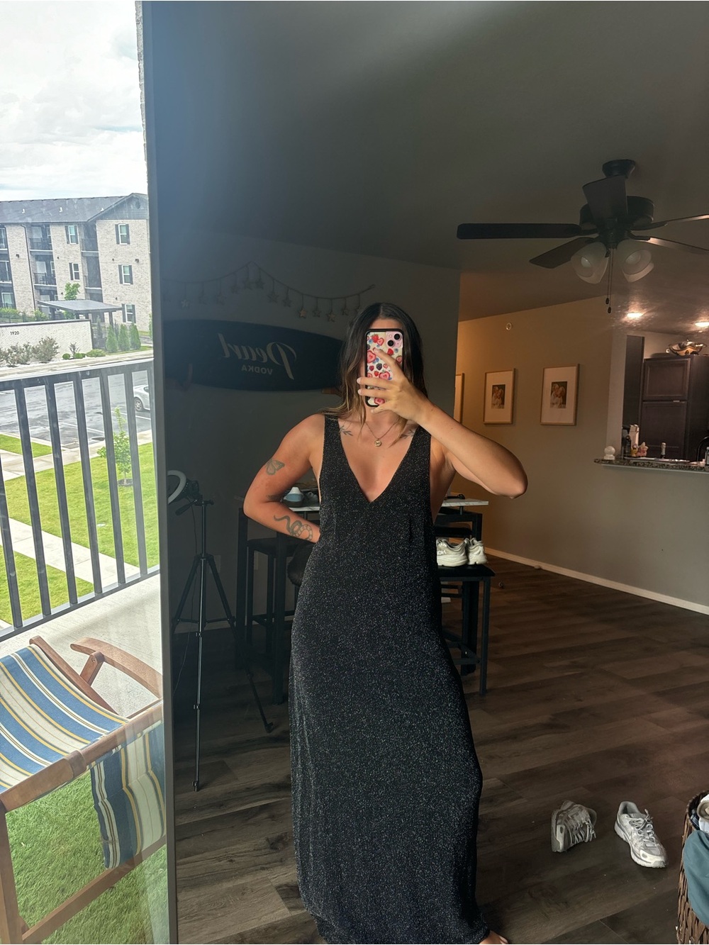 Vintage Black Sparkle Deep V Maxi Dress